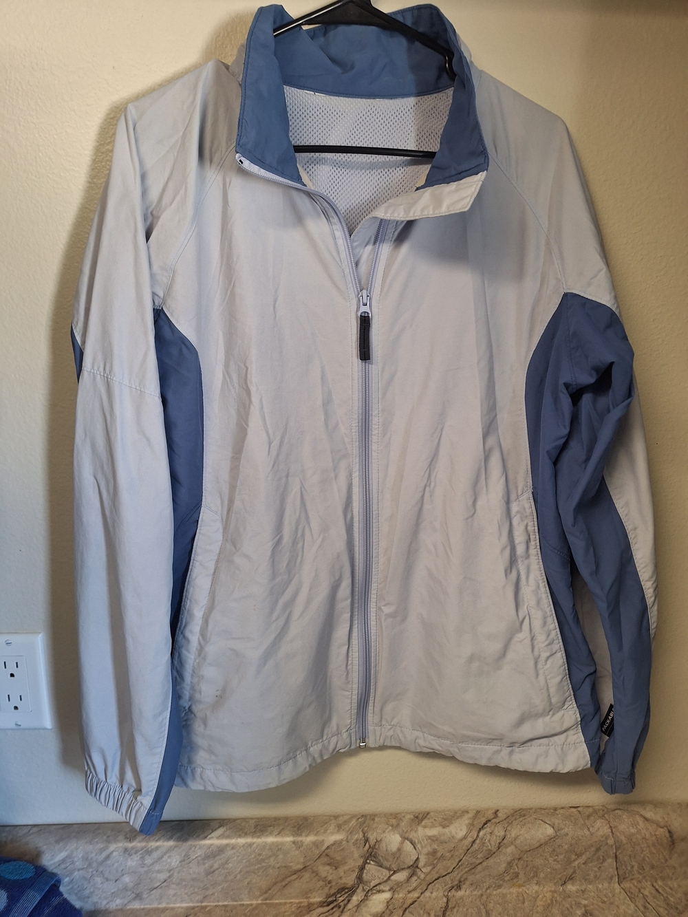 Women's Light Gray and Slate Blue Zip-Up Windbreaker Jacket, Size Xl